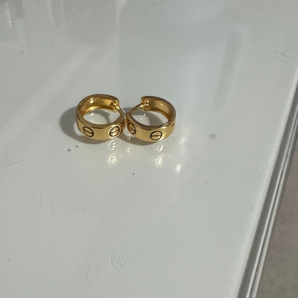 Jewelry - Gold Hoop Huggie Earrings with Engraved Circle Detail